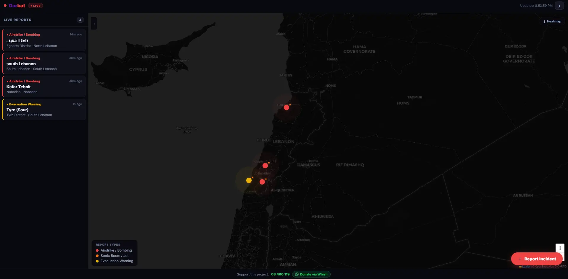 Darbat live safety map of Lebanon