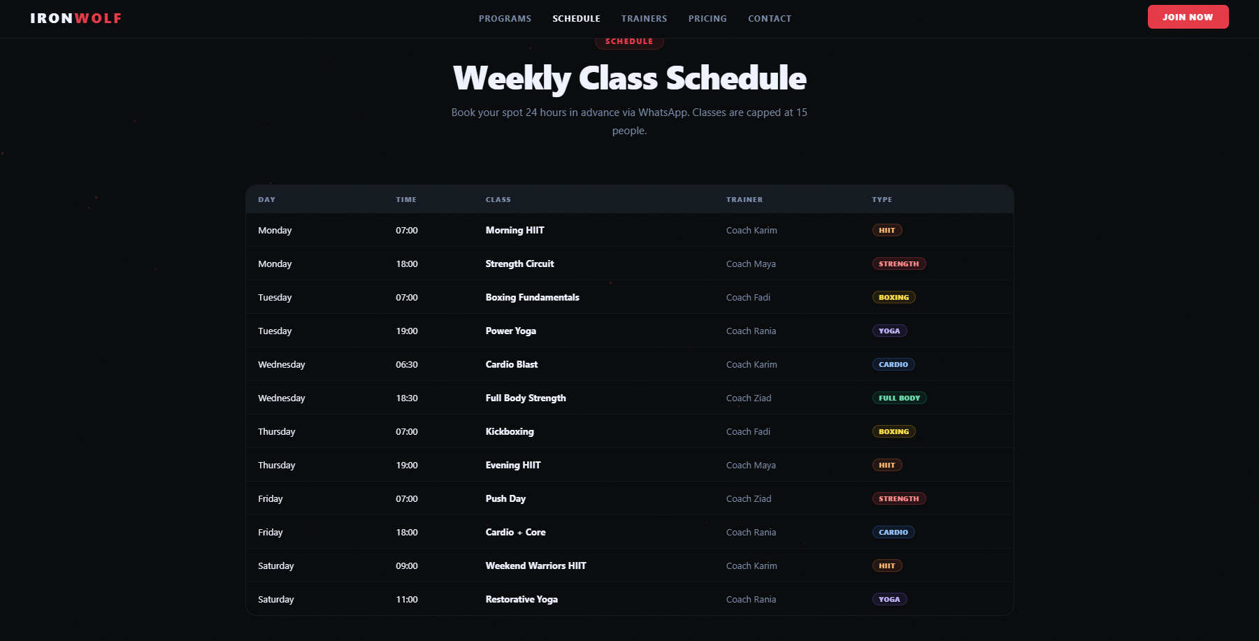 Iron Wolf Gym landing page with animations