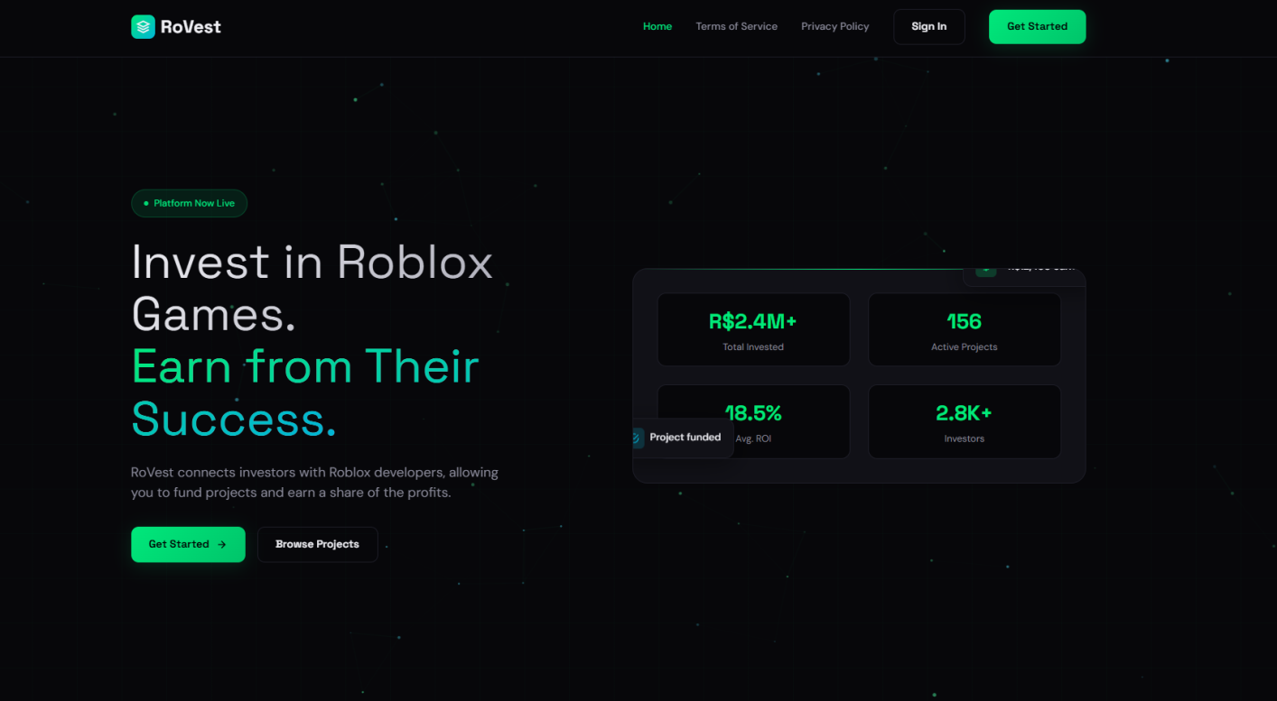 RoVest web platform dashboard